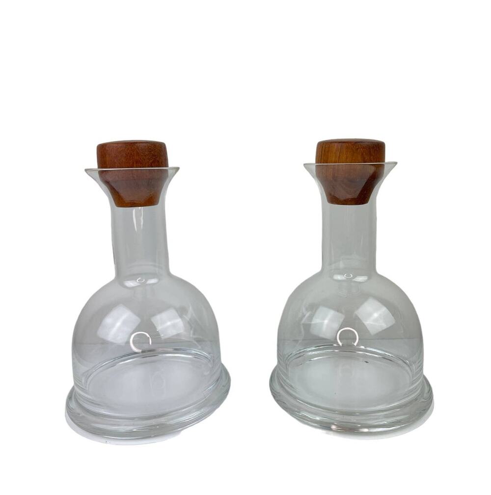 2 Vintage DANSK MCM Mid Century Clear Glass Decanter 9 Teak Stopper Gunnar Cyren